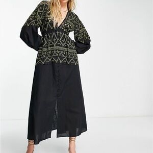 Black and Green Embroidered Maxi Dress